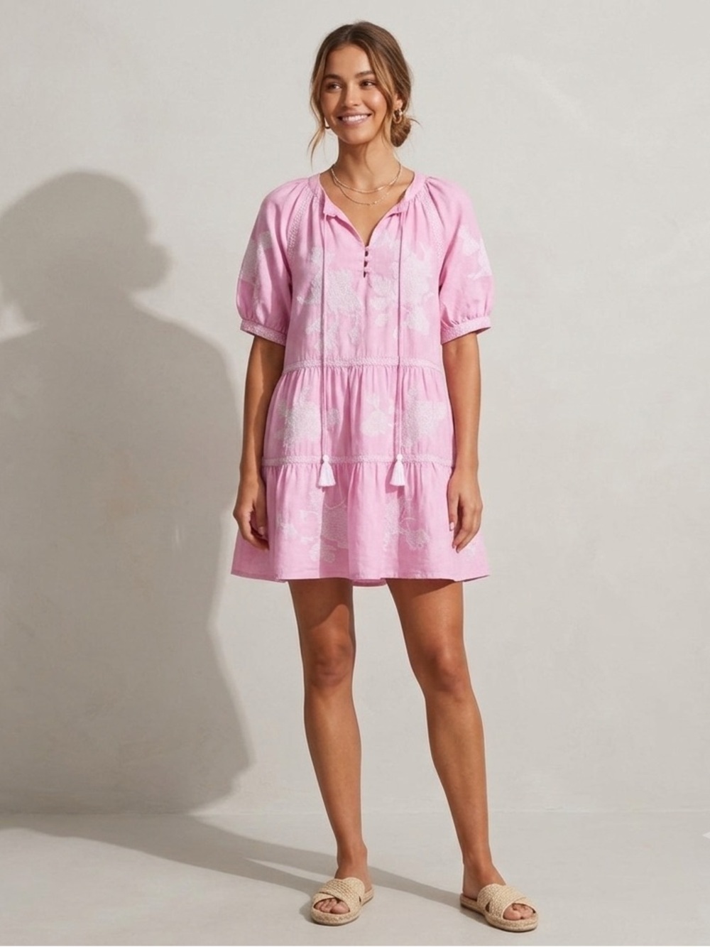 Rose and Rose Snaresbrook Pink Embroidered Floral Tunic Tassels Dress Size S